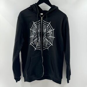 Black Zip-Up Hooded Jacket – Size Large, Spider & Web Graphic